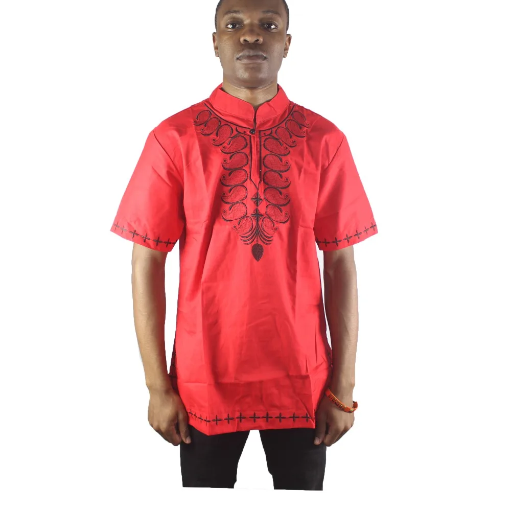 

Africa Red Abstract Embroidery Men`s Ethnic Tops Side Slit Dashiki Shirts for Wedding Wearing
