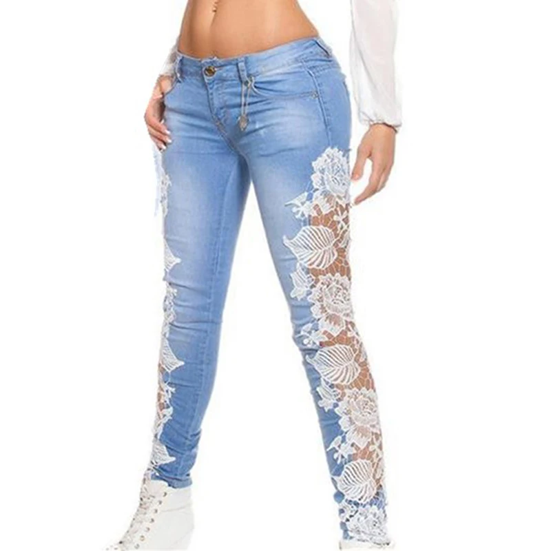 

Mid Waist Jeans Women Jeans Ladies Hollow Out Lace Pencil Denim Skinny Casual Women's Denim Pencil Pants Sexy Solid Jeans Pants