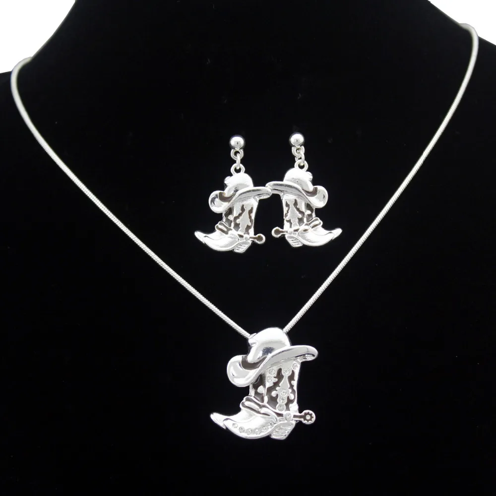 

Lady Western Texas Cowgirl Hat Stetson Boot Pendant Spur Rodeo Snake Link Chain Drop Dangle Earrings Necklace Set Jewelry