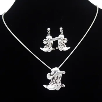 Lady Western Texas Cowgirl Hat Stetson Boot Pendant Spur Rodeo Snake Link Chain Drop Dangle Earrings Necklace Set Jewelry
