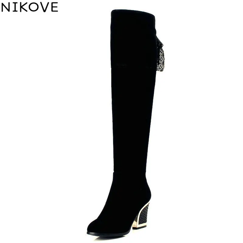 

NIKOVE 2017 Women Boots Sexy Warm Zipper Fashion Winter Shoes Square High Heel Round Toe Lace Up Over The Knee Boots Size 34-40