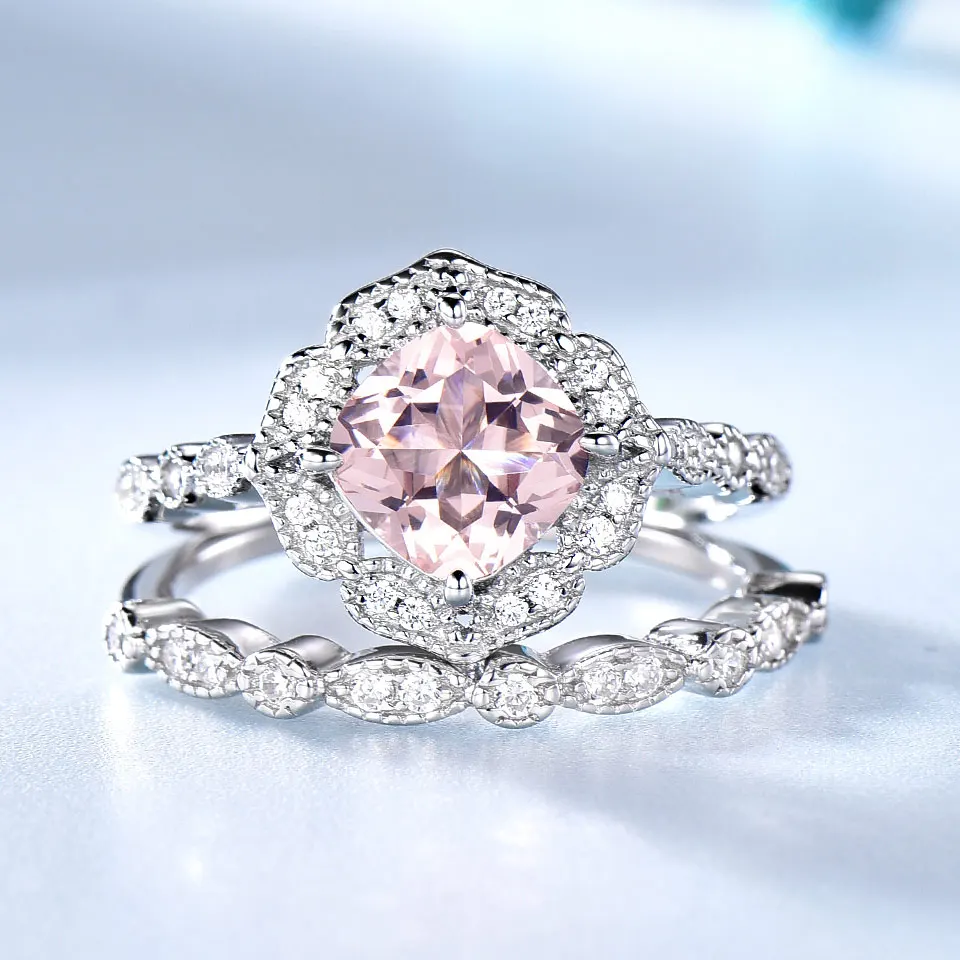 UMCHO Morganite sterling silver double ring for women RUJ081-1 (4)