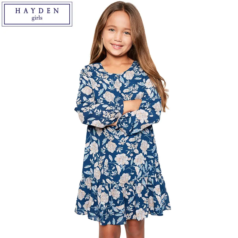 

HAYDEN Girls Chiffon Dress European Fashion Style Big Teen Girls Floral Print Dress Ruffled Hem Long Sleeve Roupas Menina 10 12