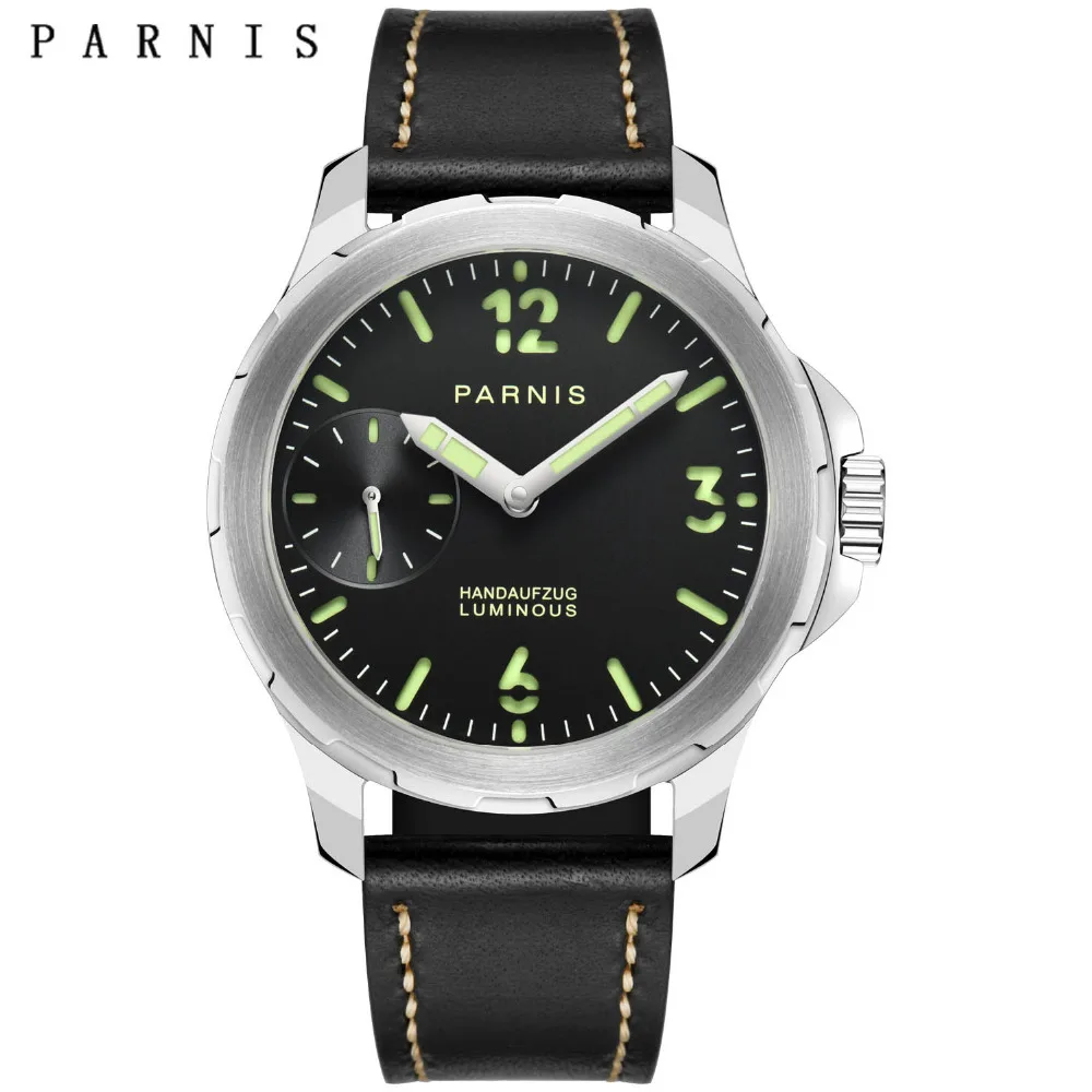 

40mm Parnis Casual Men Watch Hand-Winding Black Dial Stainless Steel Case Leather Band Mechanical Hand Wind Men's Watches Clock