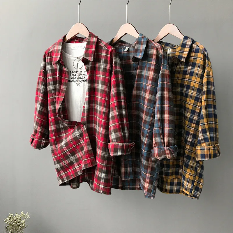 

Autumn Loose Plaid Shirt Women 2018 High Quality Women College Blouses Cotton Casual Long Sleeve Shirt office Tops Y399