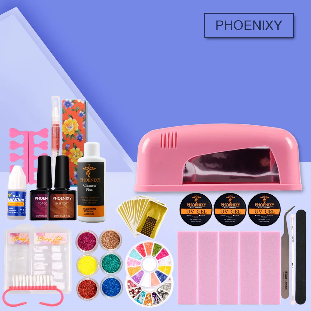УФ-Комплект гель-лака 9 Вт УФ-лампа набор для наращивания ногтей Блестящий Порошок Набор для маникюра инструмент для дизайна ногтей УФ-гель Топ Базовое покрытие ногтей УФ-гель набор