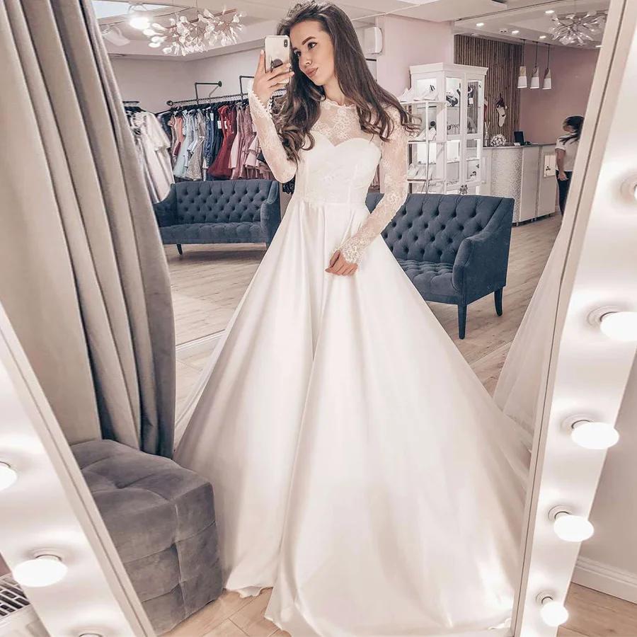 

Robe De Mariage Long Sleeve Wedding Dresses O-Neck A Line Applique Lace Top Open Back Wedding Gown Custom Made Bride Dress