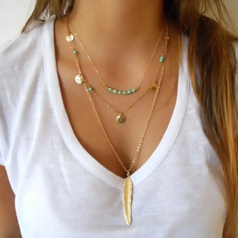 

SUSENSTONE 2017 New Fashion Necklace for Women DelicateMultilayer Irregular Gold Pendant Chain colares feminin obijoux femme