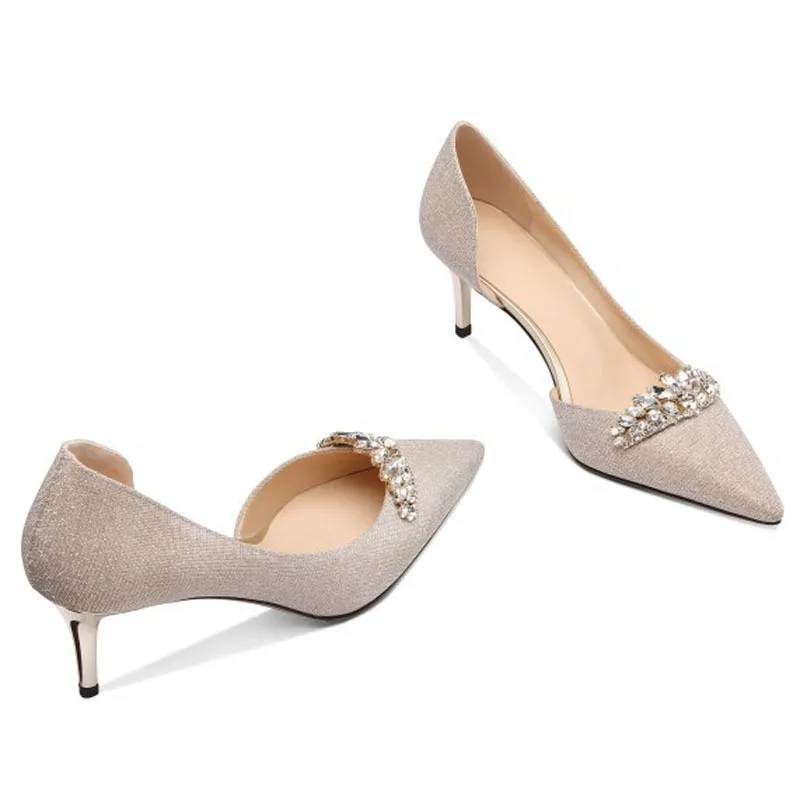 

2019 Design Women Sequined Wedding Shoes Rhinestone Crystal Shallow Pumps Thin Heel Pointed Toe Ladies Sexy Evening Shoes