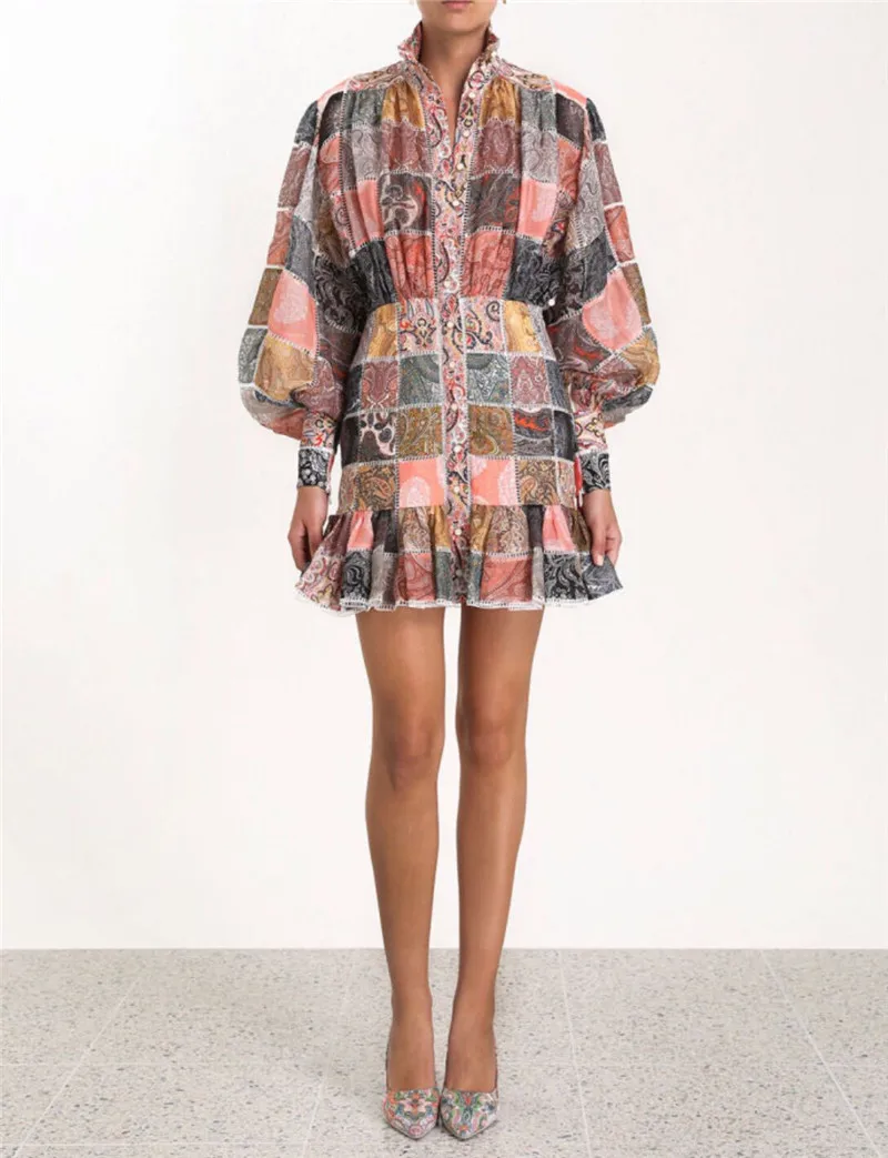 Runway Designer Women Dress 2019 Spring Summer Vinatge Long Sleeve Ruffles Floral Printed Chiffon Plaid Mini Dress Vestidos (4)