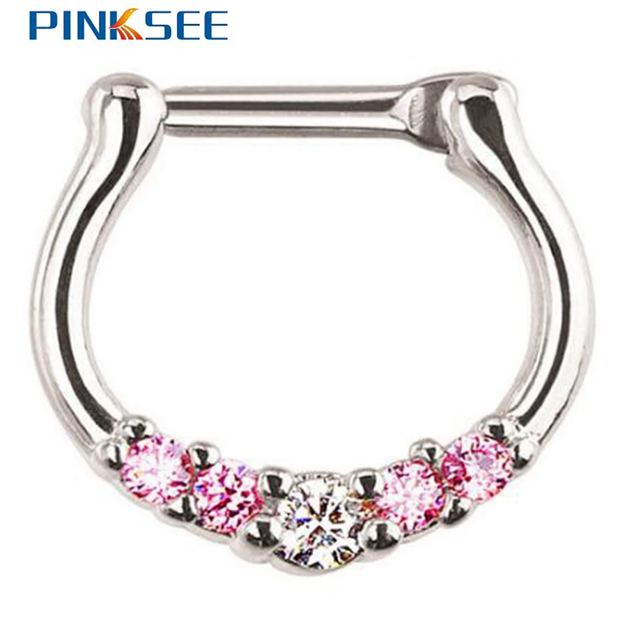 

Five-Gem Septum Clicker Alloy Copper Nose Ring Zircon Fake Nose Hoop Body Piercing Jewelry Clip On Nose Black White Pink Blue