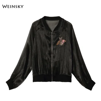 

Women Thin Baseball Jackets 2019 New Diamonds Animal Elegant Coat Women Casual Style Black Sun Protection Clothing