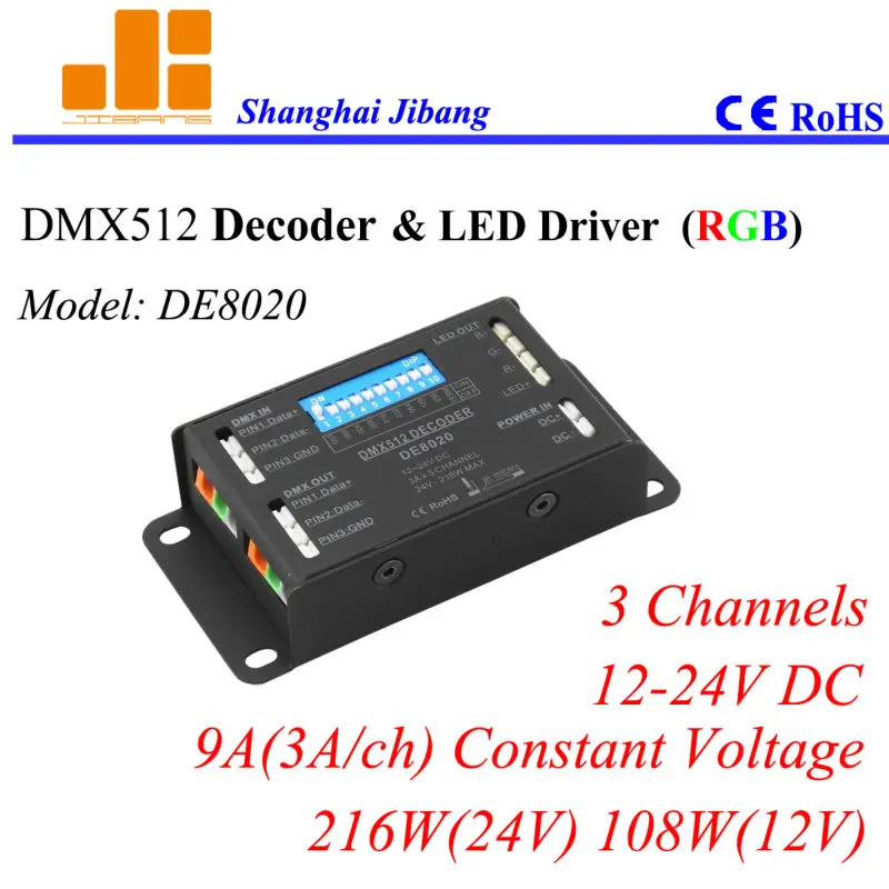 

Free Shipping SUPER ECO RGB driver, DMX decoder and pwm driver. 3 channel/12-24V/9A/216W pn:DE8020