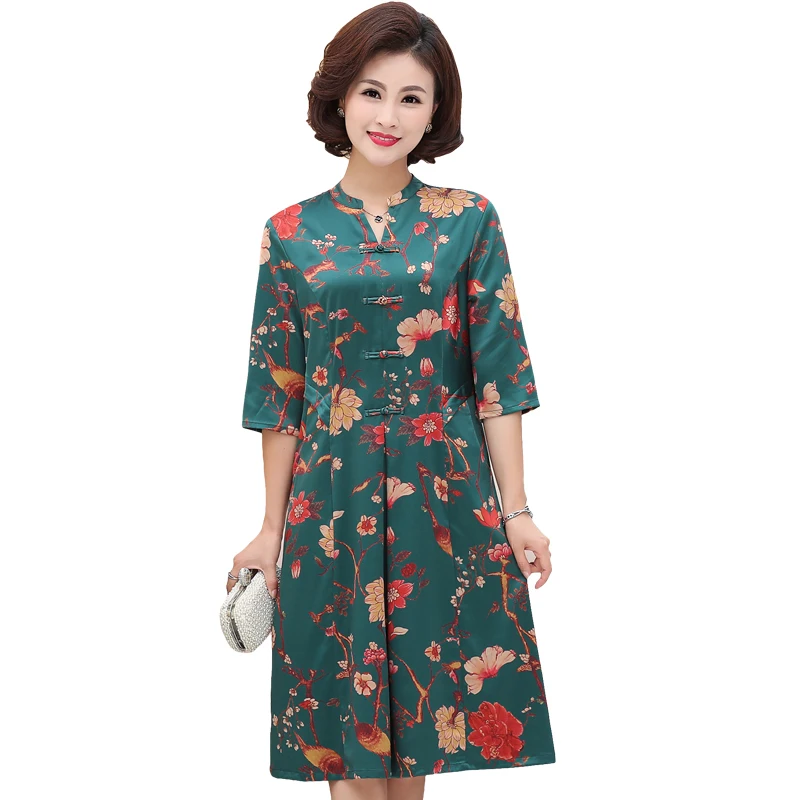 

Spring Summer Middle Aged Women Elegant 3/4 Sleeve Dresses Vintage Floral Print A-Line Party Dresses Vestidos Plus Size 5XL