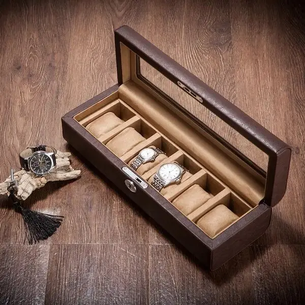 

luxury Microfiber PU leather +wooden 6-grid watch storage box With skylight organizer box watch display with lock MSBH016
