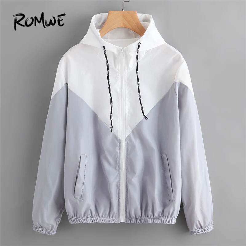 

ROMWE Spring Autumn Fashion Hooded Two Tone Color Block Drawstring Hooded Zip Up Jacket Casual Long Sleeves Coats