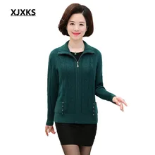 XJXKS женское плотное зимнее пальто, вязаный кардиган на молнии, высокое качество, сплошной цвет, отложной воротник, вязаный свитер 6115