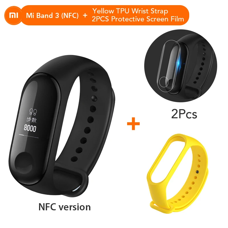 Mi Band 3 NFC версия Xio mi монитор сердечного ритма умный спортивный браслет OLED mi band 3 Smartband многоцветные ремни - Цвет: NFC Add Yellow Strap