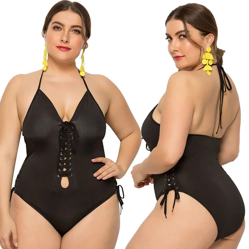 

2XL-5XL Fat Women Big Plus Bra Size Bikini Black Sexy Plus Size Swimsuit One Piece Bodysuit Lace Bra Deep V Nylon Bathing Suit