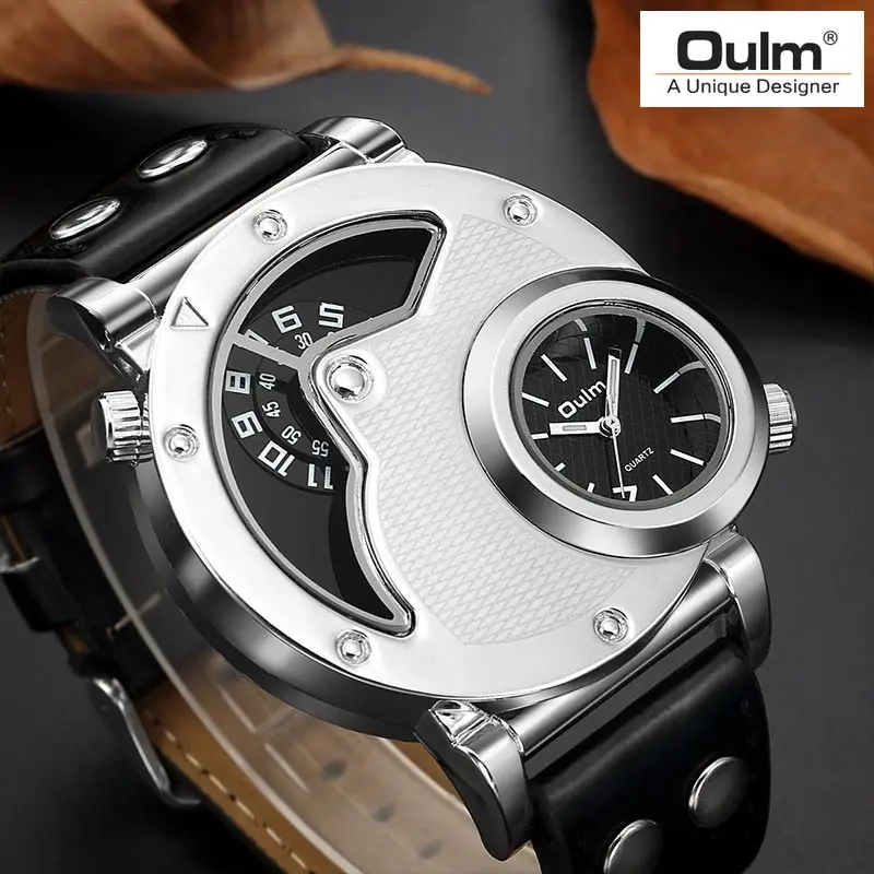 Oulm Новое поступление уникальный дизайн мужской Кварцевые часы два часовых поясов спортивные мужские часы из искусственной кожи