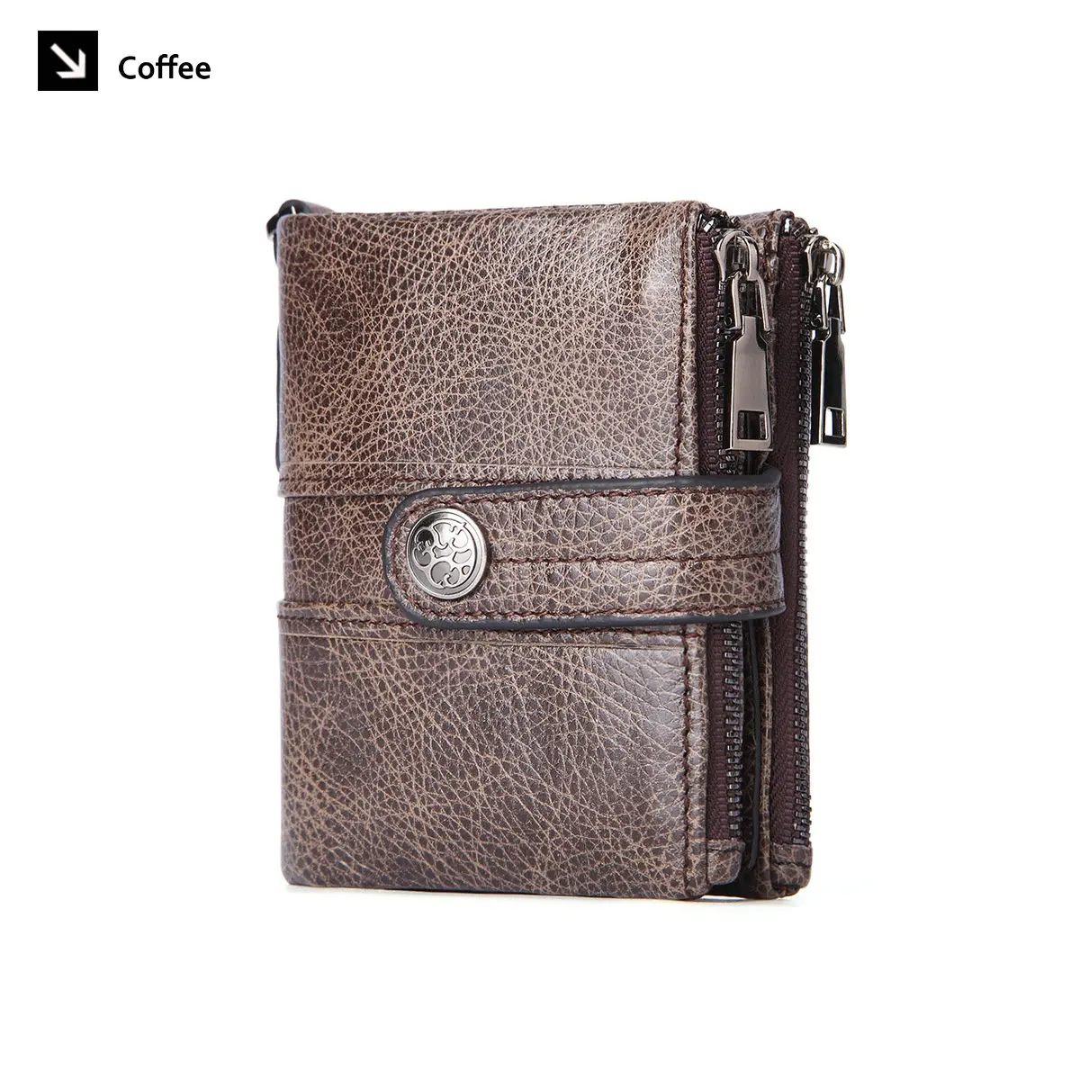 GENODERN Double Zipper Men Wallet of Hasp Design Genuine Leather Short Wallet for Men with Coin Pocket New Male Purse