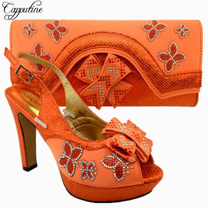 Pretty orange African pumps high heel shoes with evening party handbag set for lady MM1031 multi