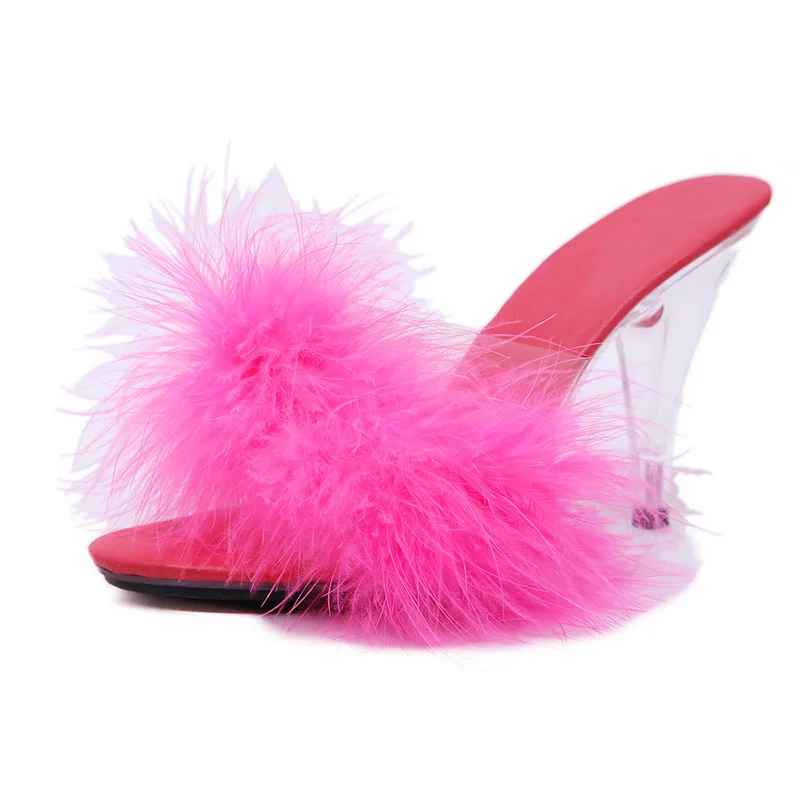 Пикантные вечерние туфли на высоком каблуке 7 см, 10 см, с перьями, женские летние прозрачные меховые шлепанцы размера плюс 34-45, женские сандалии WS0019 - Цвет: Rose 10cm
