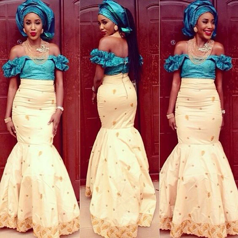 

Gorgeous Champagne Africa Off Shoulder Evening Gown Turquoise Gold Mermaid Party Dress Long 2017 Back Open African Women Dresses