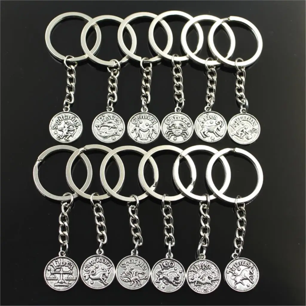 

Hot Men Key Ring Metal Key Chain Keychain Gift Jewelry Silver Zodiac Cancer Aries Leo Libra Vigro Gemini Pendant great promotion