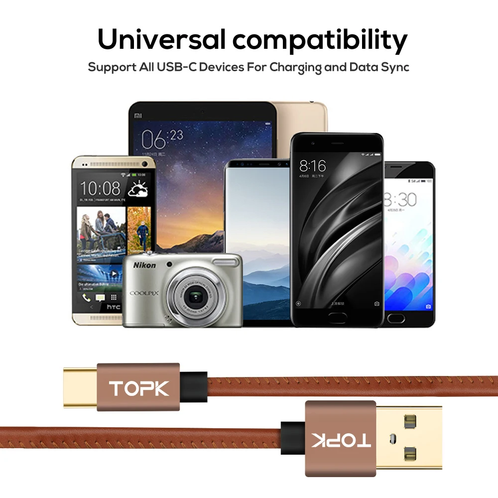 TOPK Премиум Кожаный Плетеный usb type C кабель для синхронизации данных USB зарядный