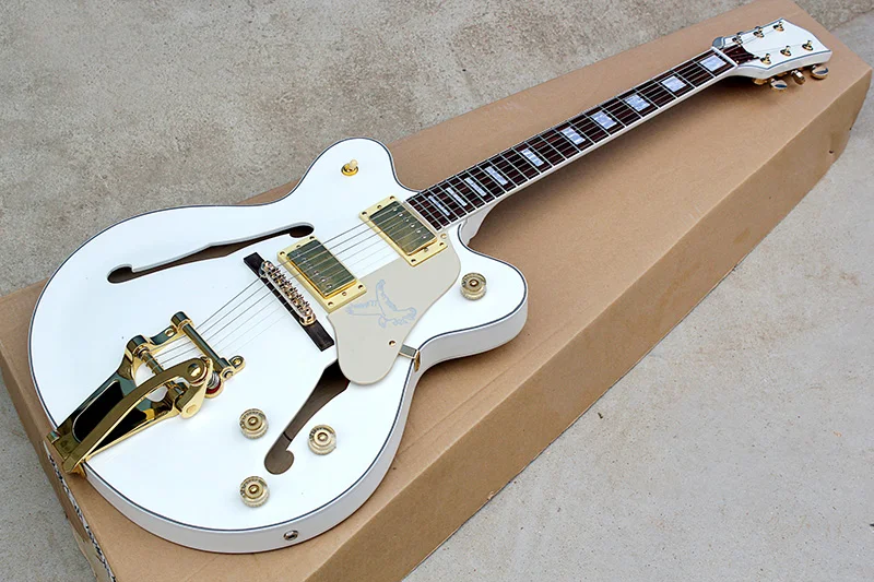 Factory custom white hollow body electric guitar with gold hardware,tremolo system,body binding,can be customized