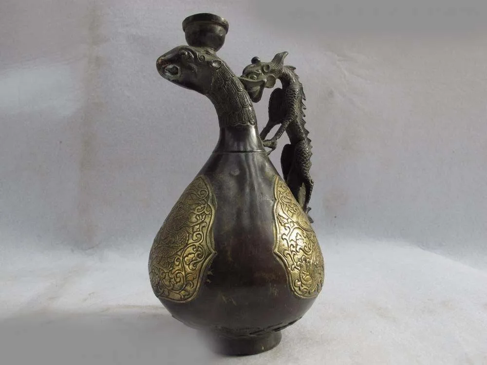 

Chinese Royal Classical Bronze Copper Gild Dragon Phoenix stoup flagon wine pot SD 506
