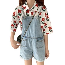 Женский студенческий свободный джинсовый короткий комбинезон широкие ноги с карманами Летний джинсовый комбинезон для леди