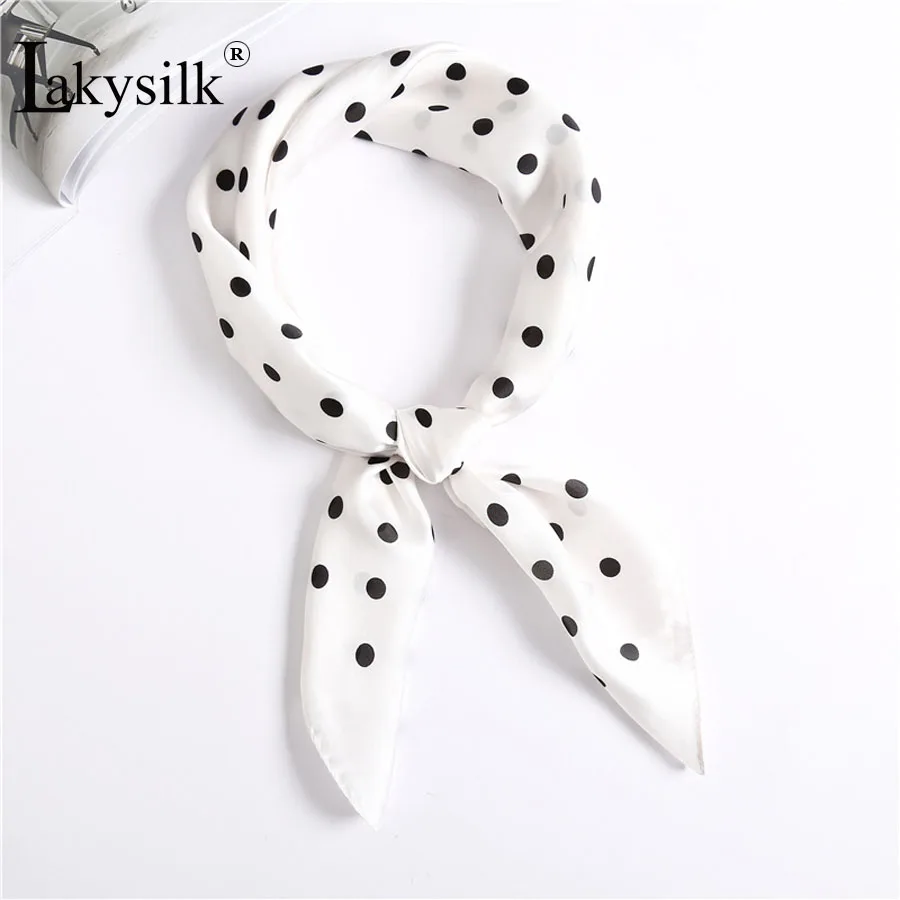 

[Lakysilk]Silk Satin Square Scarf Women Small Scarves Dot Floral Print Neck Shawls Lady Hair Bag Accessories Handkerchief White