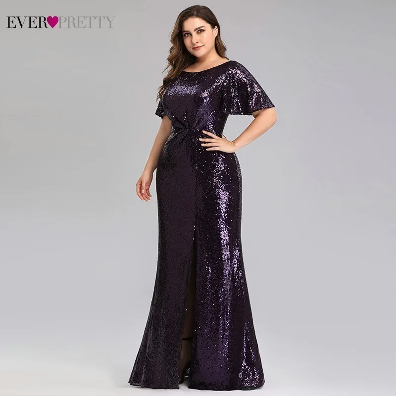 Plus Size Dark Purple Mermaid Prom Dresses Ever Pretty Sequined O-Neck Short Sleeve Sexy Party Dresses Vestidos De Gala