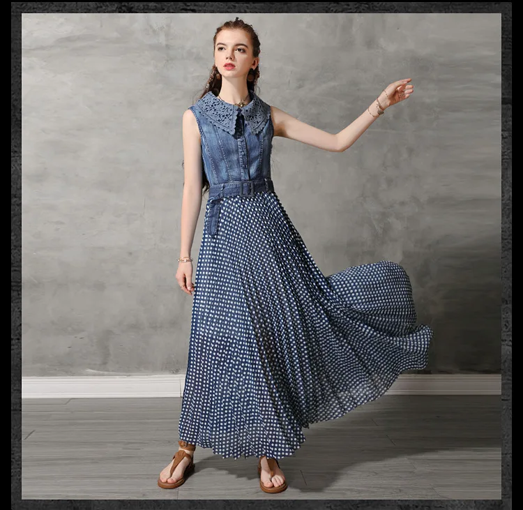 Vintage Summer Long Dress Women Sleeveless Turn Down Collar Blue Dot Patchwork Chiffon Denim Dresses W/ Belt