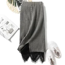 Женский кружевной вязаный свитер, юбка, длинная юбка миди, осенняя, высокая талия, трикотажная, эластичная, теплая, зимняя, черная, серая, две стороны, одежда, юбки