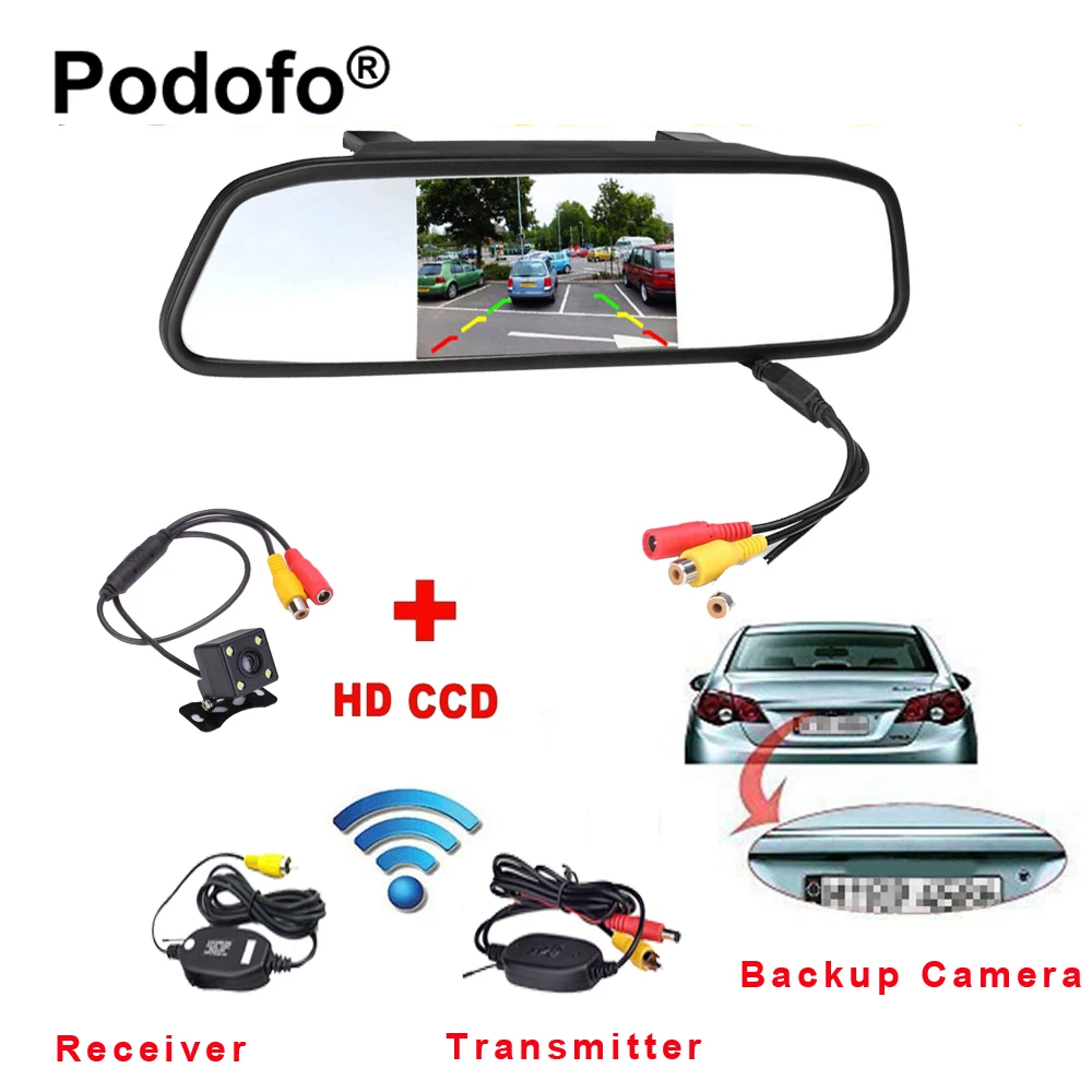 

Podofo Wireless 4.3" TFT Rearview Mirror Car Rear View Camera HD Video Parking LED Night Vision CCD Backup Reverse Camera System