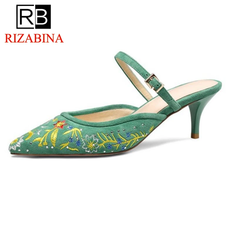 

AicciAizzi Size 33-43 Women High Heel Sandals Real Leather Pointed Heel Slip On Floral Ladies Sandals Vintage Daily Footwear