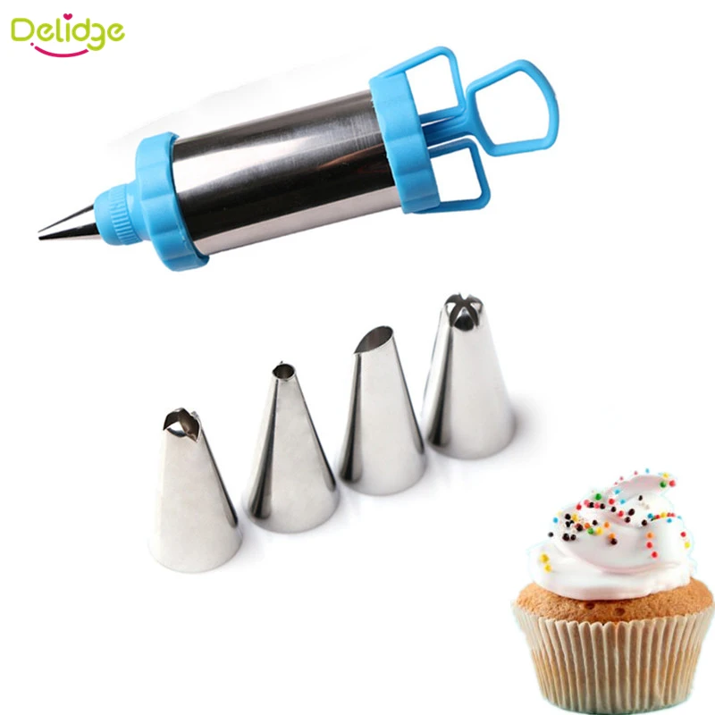 

Delidge 1 Set 4 Nozzle +1 Pen Cake Decoration Set Stainless Steel Cake Cream Icing Piping Nozzle Syringe Tips Cake Decoration