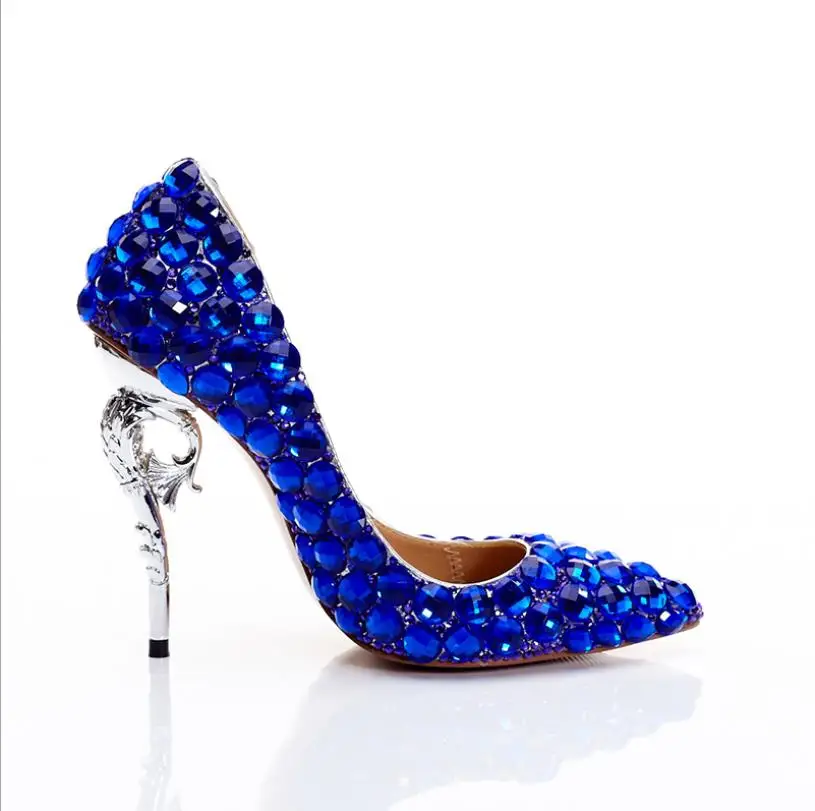 Estilete Moda Mujeres Boca Altos Personalizado Del Zapatos Solo De Sexy Tacones Baja Cristal Las Azul La Novia U8qxpCwUE