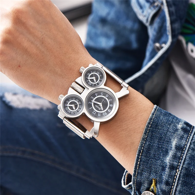 Mens Watch Dropshipping Oulm Top Brand Luxury Military Quartz Watch Unique 3 Small Dials Mesh Strap