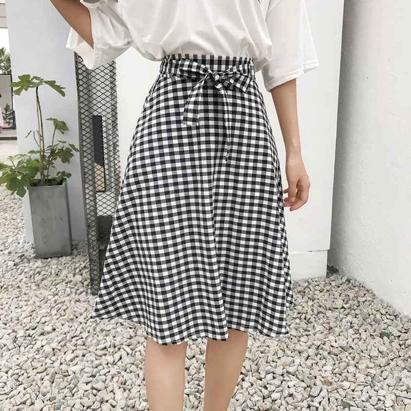 2019 Для женщин плед печати юбка Модная высокая Талия шифон миди юбка лето короткая женская юбка