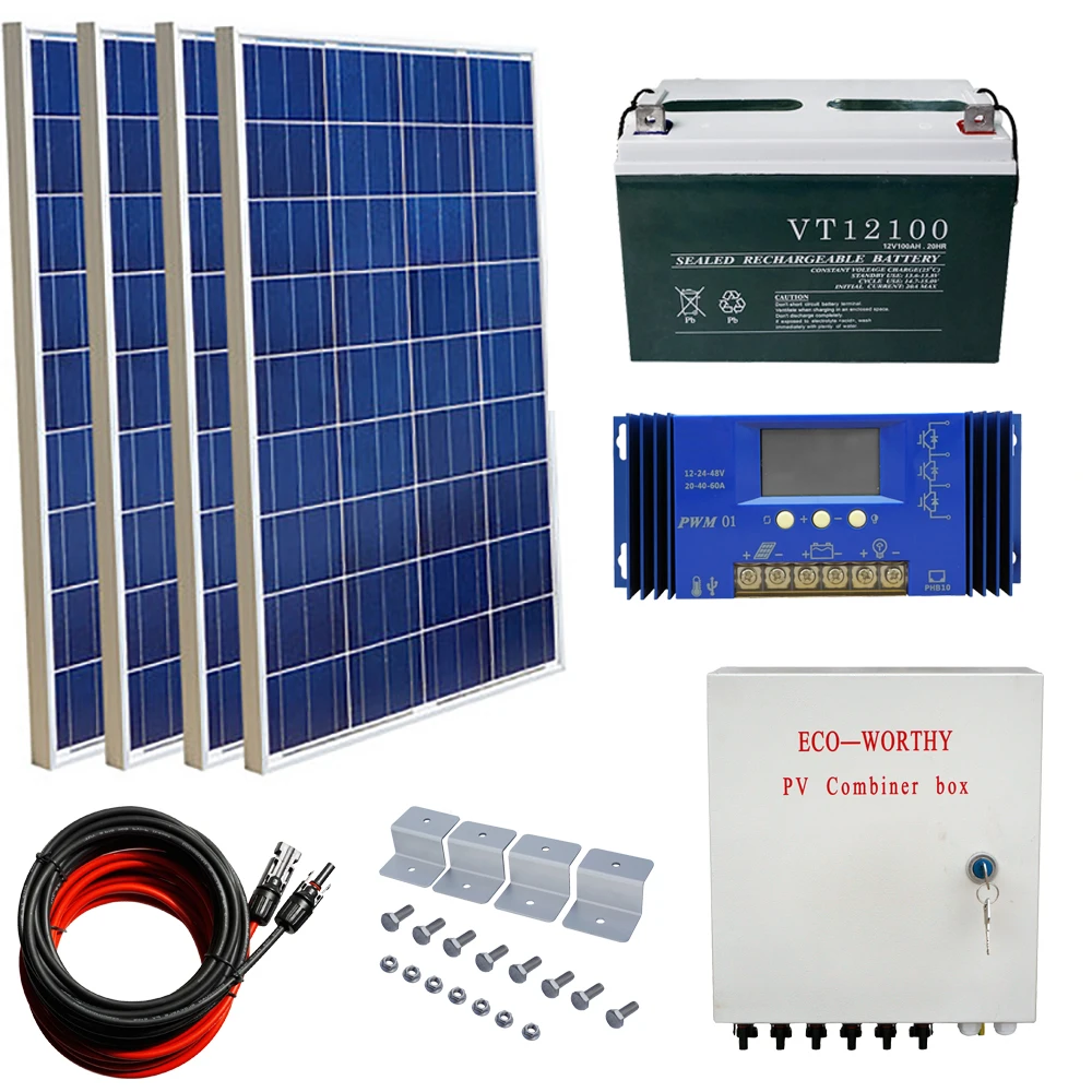 

400W off Grid Solar Kit: 4pcs 100W 18V poly Solar power Panel & 100AH 12V Battery & Solar Combiner Box Solar Kit For Home charge