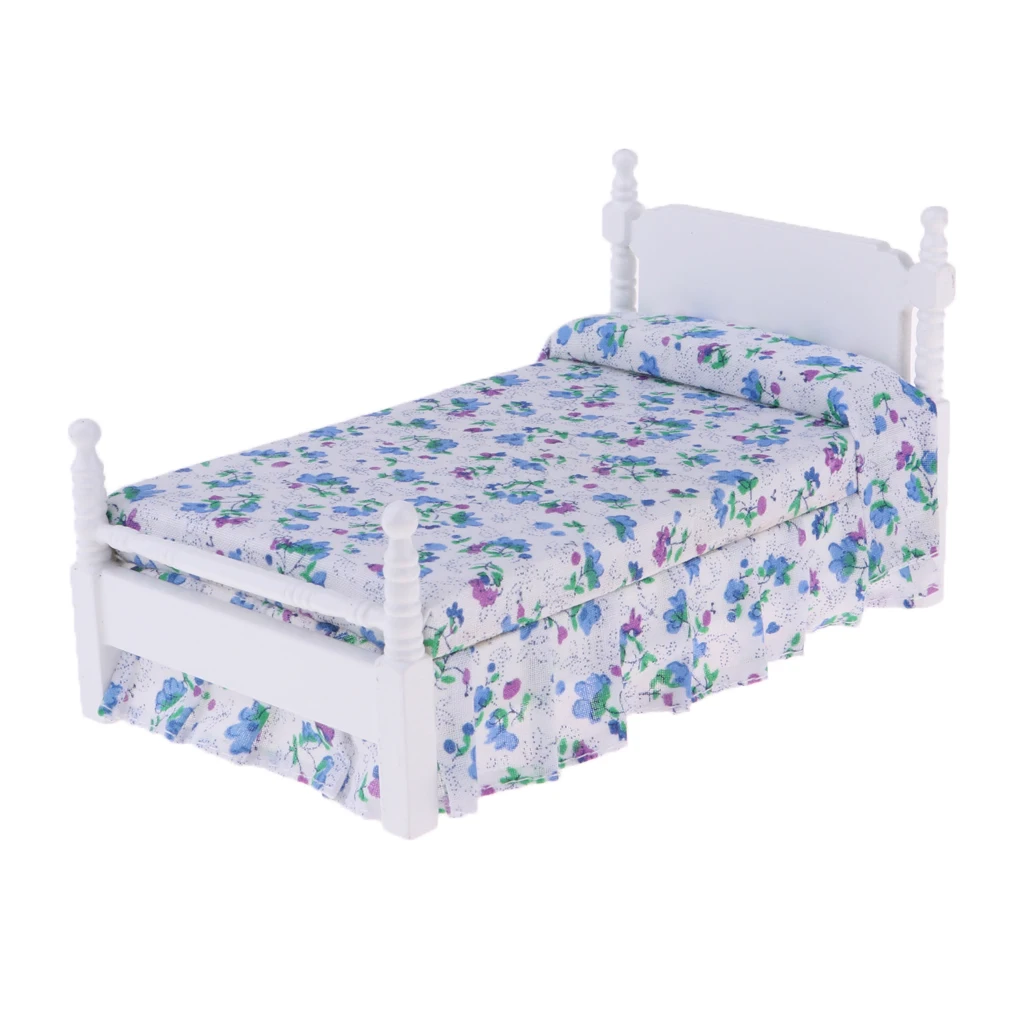 

Wooden Miniature Dollhouse Bed - Dolls House Furniture and Accessories Bed - 1/12 Scale Blue Floral