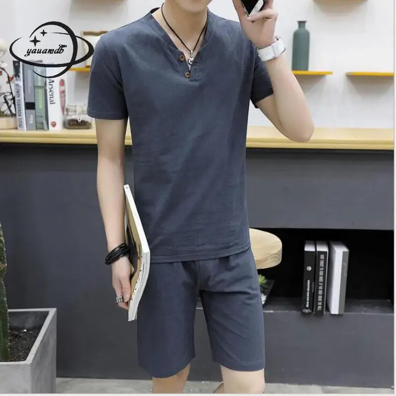 

YAUAMDB men sets 2018 summer size M-5XL T-shirts+shorts 2 pieces sets short sleeve V-neck solid color slim breathable coat Y35