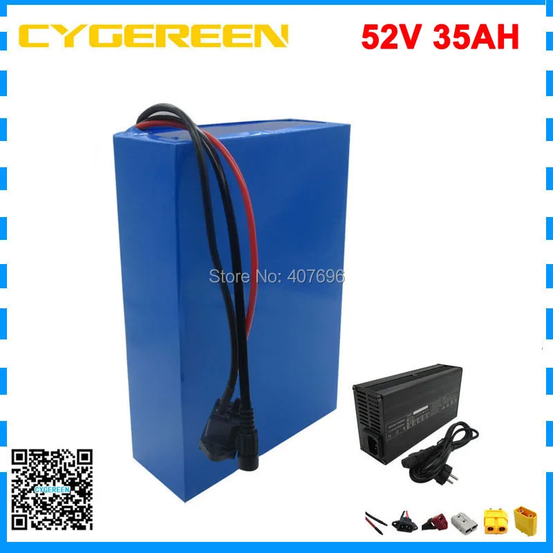 Discount 2500W 52V 35AH Electric bike battery pack 51.8V lithium ion scooter battery use for samsung 3500mah cell 50A BMS with 4A Charger 2