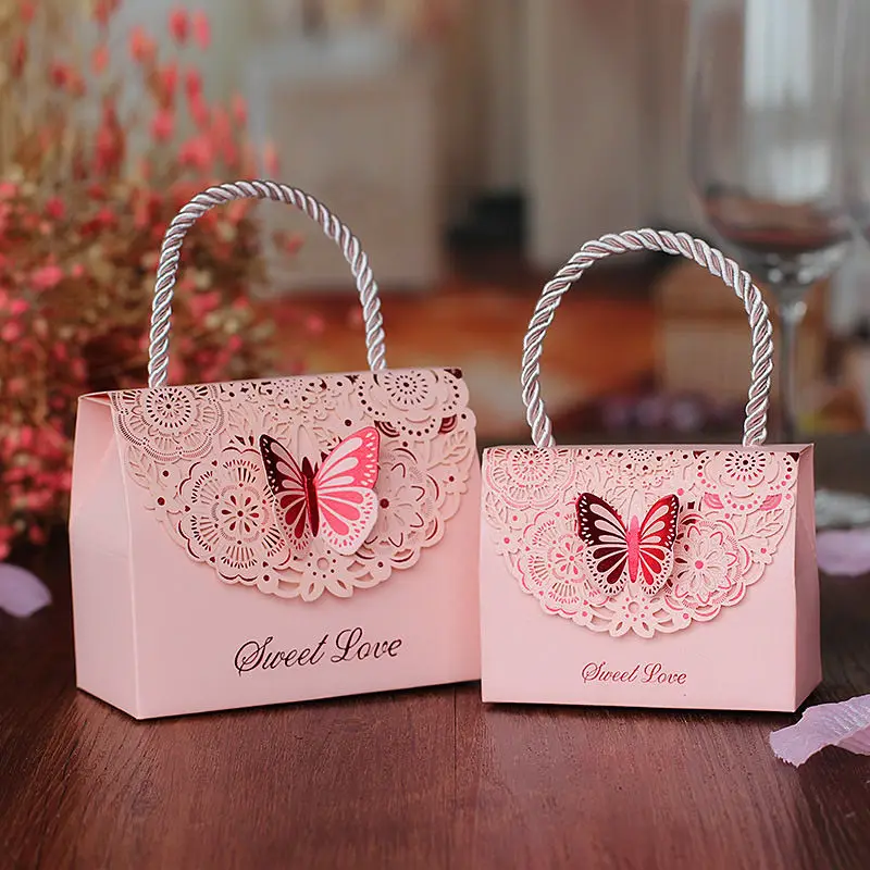 10 шт. Свадебная коробочка для сладостей сумочка коробка шоколадных конфет для дня рождения Рождество DIY сумочка Бабочка Подарочная коробка - Цвет: Pink