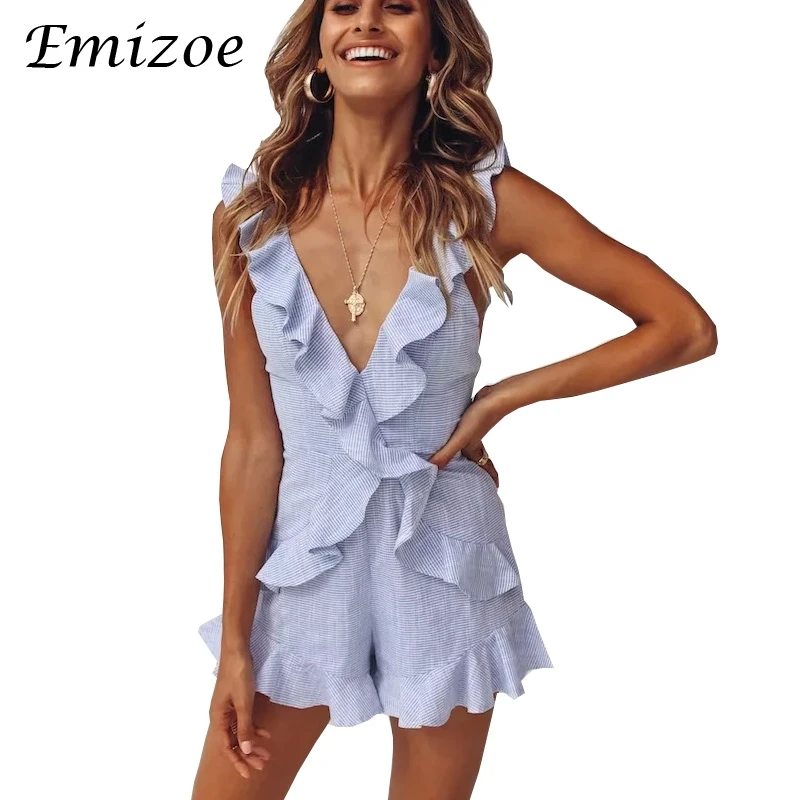 Emizoe Ruffle striped lace up short playsuit women Summer