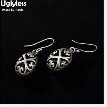 

Uglyless 100% Real Solid 990 Fine Silver Earrings Women Vintage Thai Silver Handmade Heart Earrings Hollow Like a Cross Bijoux